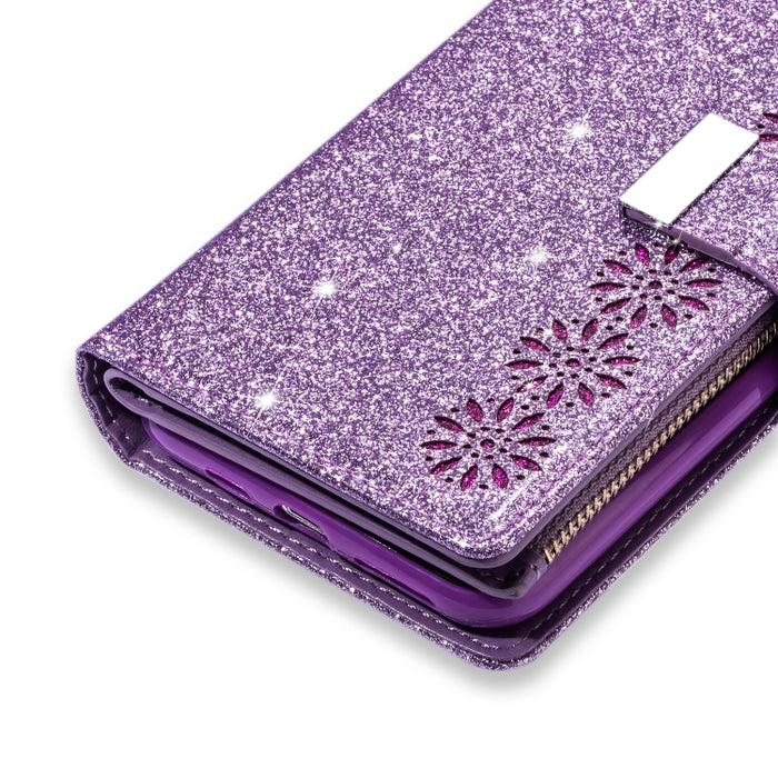 Ranuras para múltiples tarjetas Starry Sky Laser Carving Glitter Zipper Funda de cuero con tapa horizontal con soporte, billetera y cordón