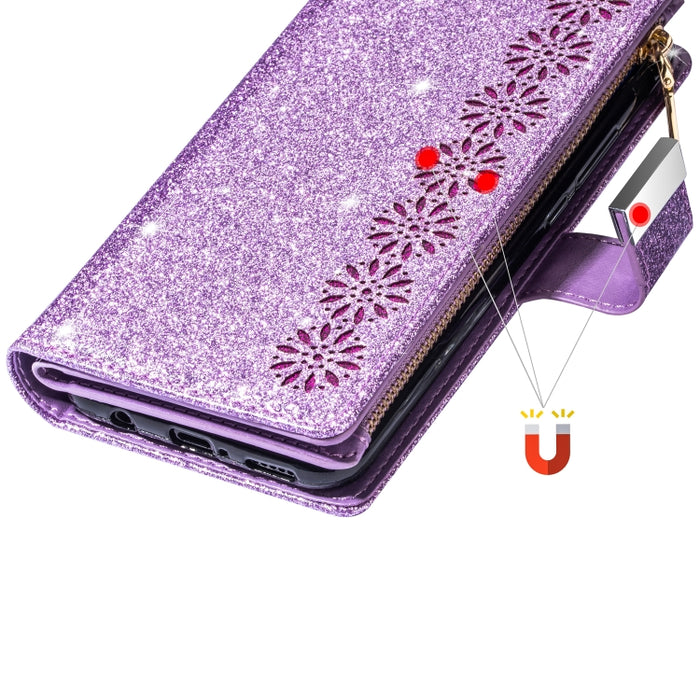 Ranuras para múltiples tarjetas Starry Sky Laser Carving Glitter Zipper Funda de cuero con tapa horizontal con soporte, billetera y cordón