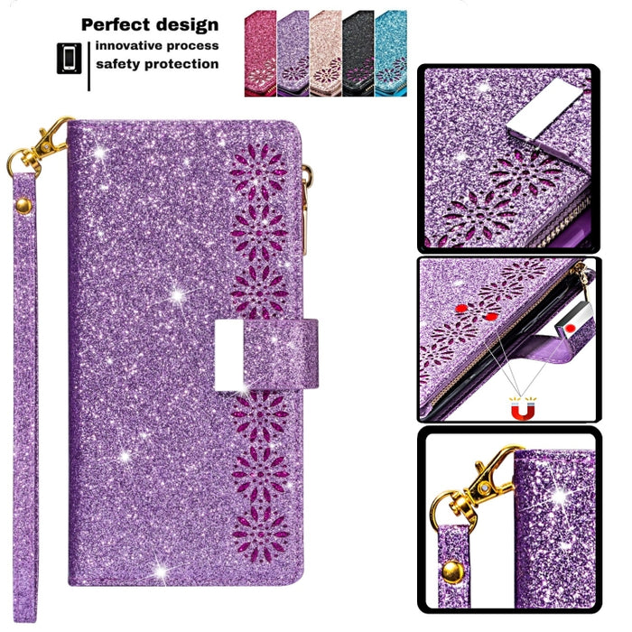 Ranuras para múltiples tarjetas Starry Sky Laser Carving Glitter Zipper Funda de cuero con tapa horizontal con soporte, billetera y cordón