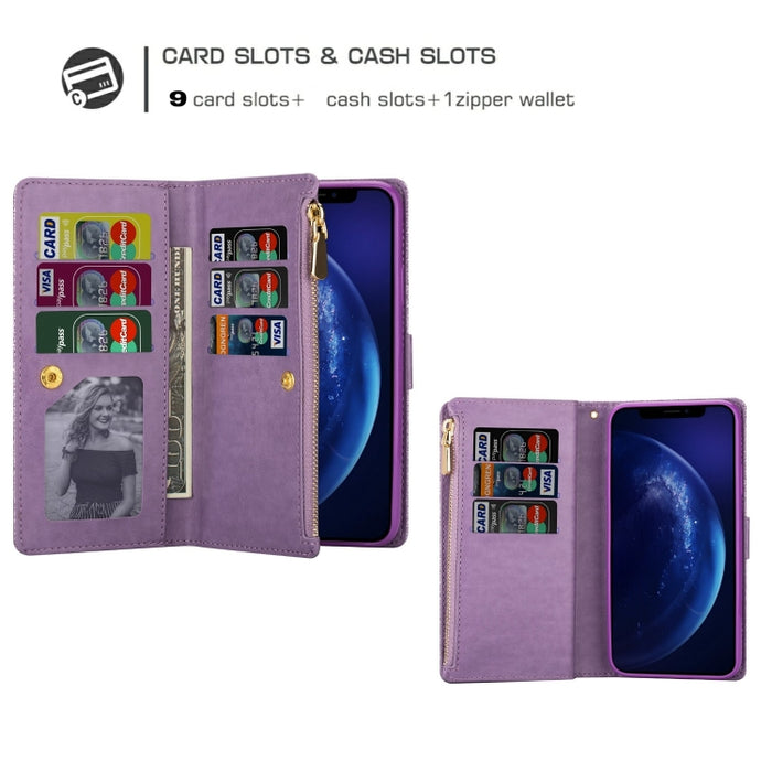 Ranuras para múltiples tarjetas Starry Sky Laser Carving Glitter Zipper Funda de cuero con tapa horizontal con soporte, billetera y cordón