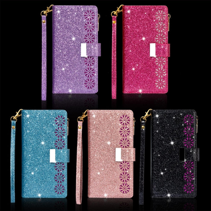 Ranuras para múltiples tarjetas Starry Sky Laser Carving Glitter Zipper Funda de cuero con tapa horizontal con soporte, billetera y cordón
