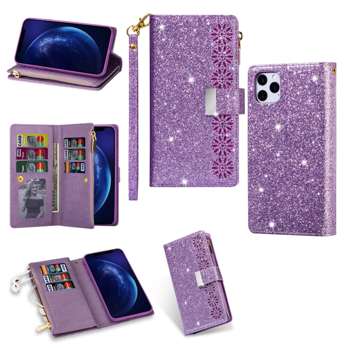 Ranuras para múltiples tarjetas Starry Sky Laser Carving Glitter Zipper Funda de cuero con tapa horizontal con soporte, billetera y cordón