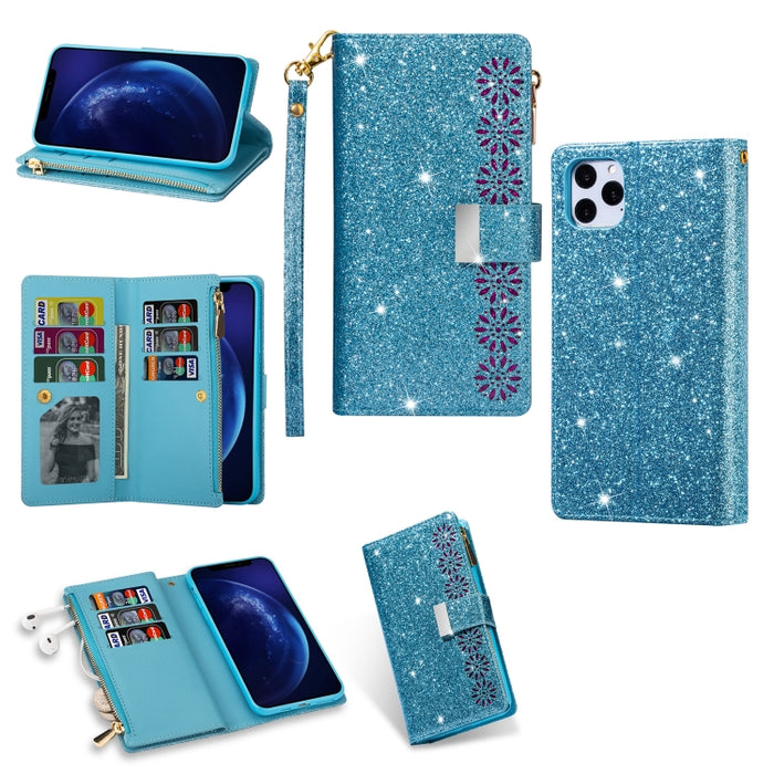 Ranuras para múltiples tarjetas Starry Sky Laser Carving Glitter Zipper Funda de cuero con tapa horizontal con soporte, billetera y cordón