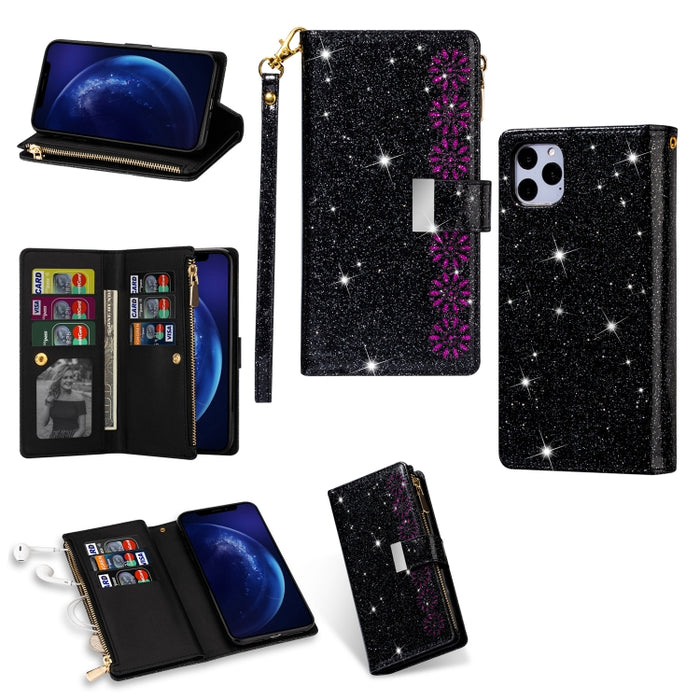 Ranuras para múltiples tarjetas Starry Sky Laser Carving Glitter Zipper Funda de cuero con tapa horizontal con soporte, billetera y cordón