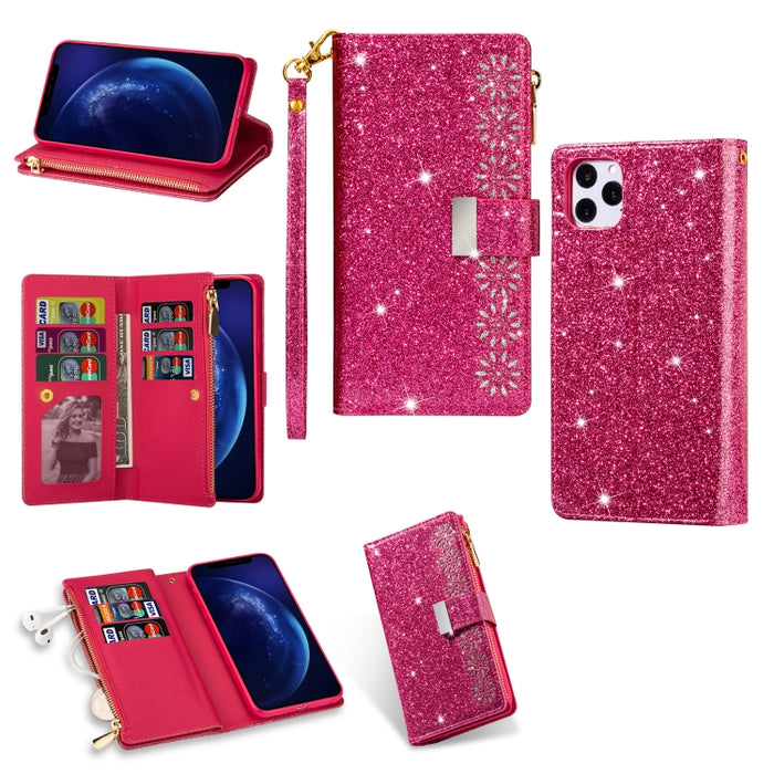 Ranuras para múltiples tarjetas Starry Sky Laser Carving Glitter Zipper Funda de cuero con tapa horizontal con soporte, billetera y cordón