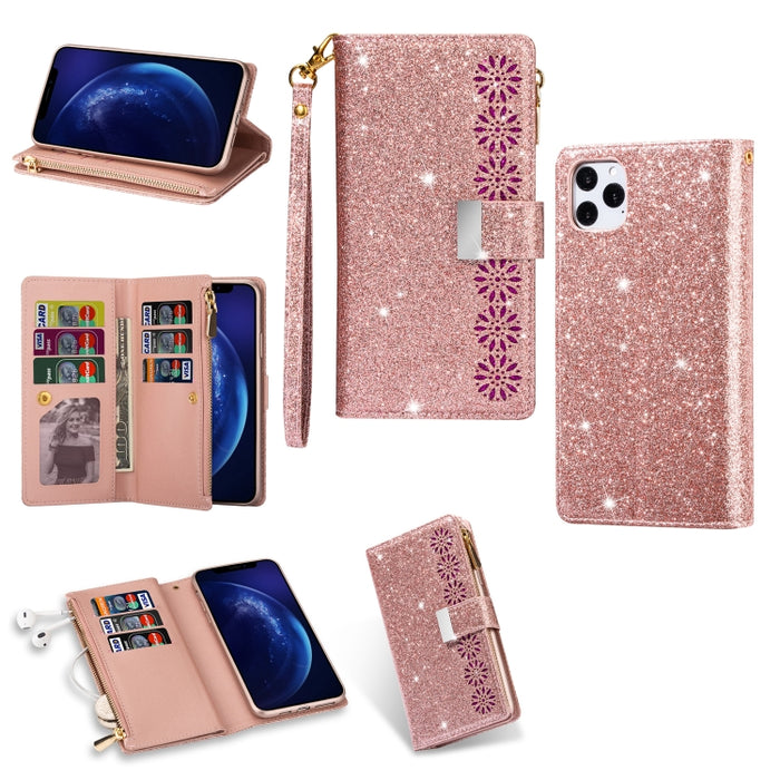 Ranuras para múltiples tarjetas Starry Sky Laser Carving Glitter Zipper Funda de cuero con tapa horizontal con soporte, billetera y cordón