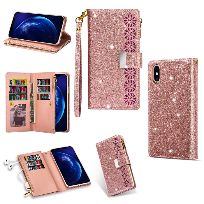 Ranuras para múltiples tarjetas Starry Sky Laser Carving Glitter Zipper Funda de cuero con tapa horizontal con soporte, billetera y cordón