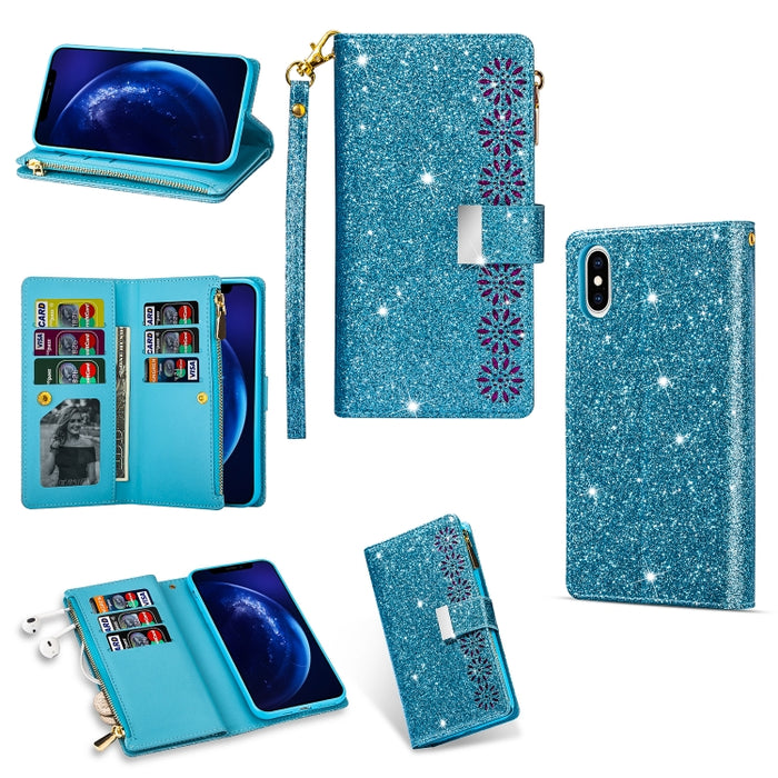 Ranuras para múltiples tarjetas Starry Sky Laser Carving Glitter Zipper Funda de cuero con tapa horizontal con soporte, billetera y cordón