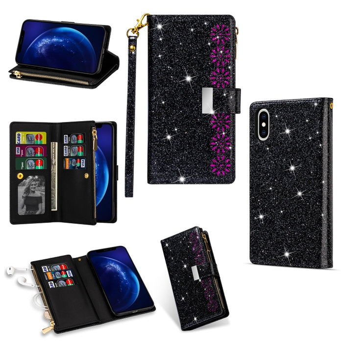 Ranuras para múltiples tarjetas Starry Sky Laser Carving Glitter Zipper Funda de cuero con tapa horizontal con soporte, billetera y cordón