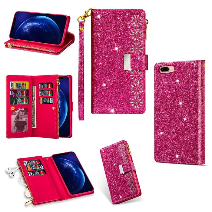 Ranuras para múltiples tarjetas Starry Sky Laser Carving Glitter Zipper Funda de cuero con tapa horizontal con soporte, billetera y cordón