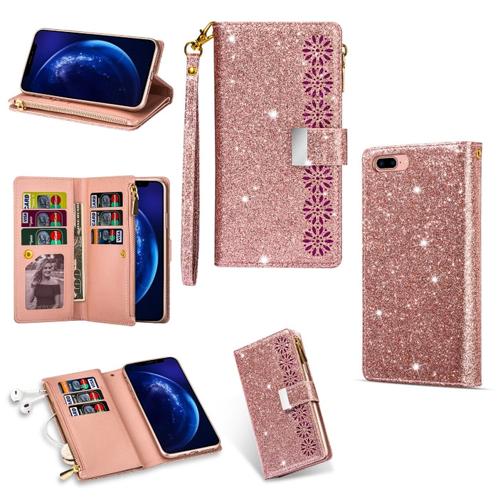 Ranuras para múltiples tarjetas Starry Sky Laser Carving Glitter Zipper Funda de cuero con tapa horizontal con soporte, billetera y cordón