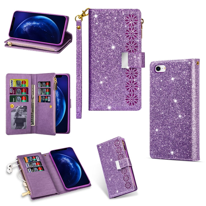 Ranuras para múltiples tarjetas Starry Sky Laser Carving Glitter Zipper Funda de cuero con tapa horizontal con soporte, billetera y cordón