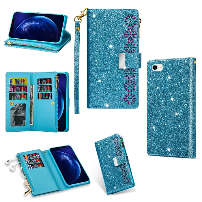 Ranuras para múltiples tarjetas Starry Sky Laser Carving Glitter Zipper Funda de cuero con tapa horizontal con soporte, billetera y cordón