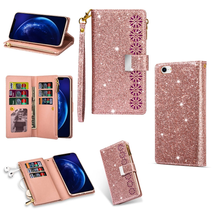Ranuras para múltiples tarjetas Starry Sky Laser Carving Glitter Zipper Funda de cuero con tapa horizontal con soporte, billetera y cordón