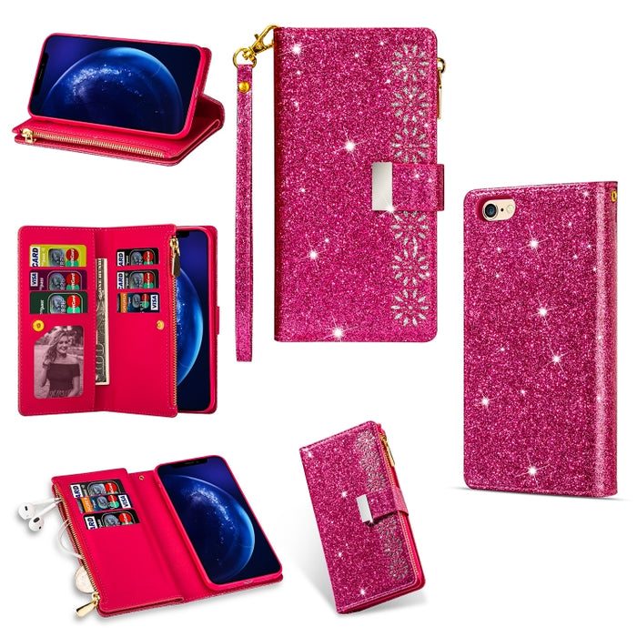 Ranuras para múltiples tarjetas Starry Sky Laser Carving Glitter Zipper Funda de cuero con tapa horizontal con soporte, billetera y cordón