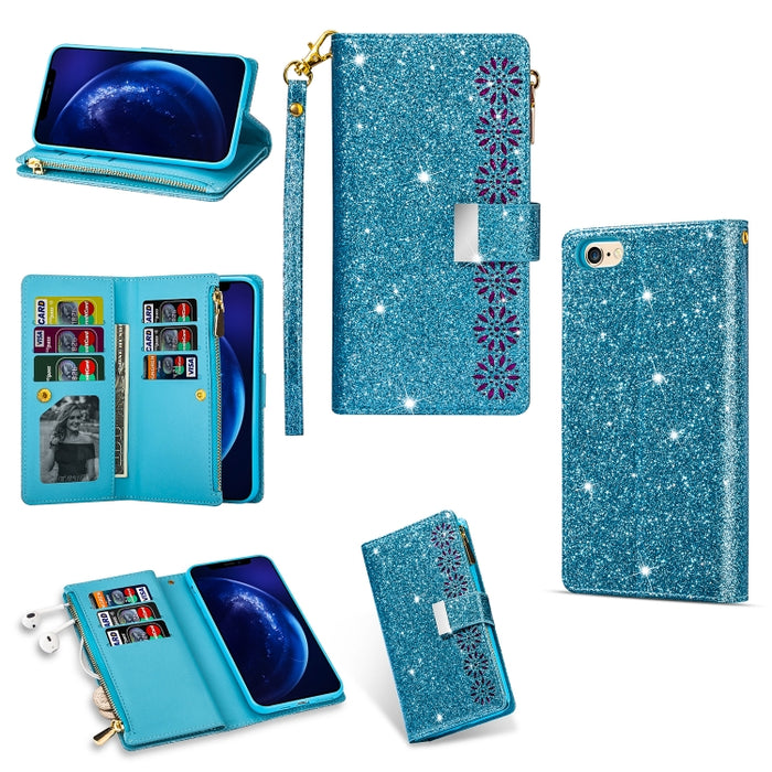 Ranuras para múltiples tarjetas Starry Sky Laser Carving Glitter Zipper Funda de cuero con tapa horizontal con soporte, billetera y cordón