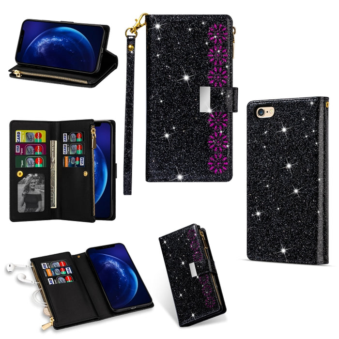 Ranuras para múltiples tarjetas Starry Sky Laser Carving Glitter Zipper Funda de cuero con tapa horizontal con soporte, billetera y cordón
