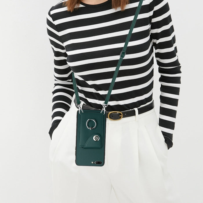 Funda para teléfono con soporte para anillo y bolsa para tarjeta de órgano con cordón largo, For iPhone 8 Plus / 7 Plus