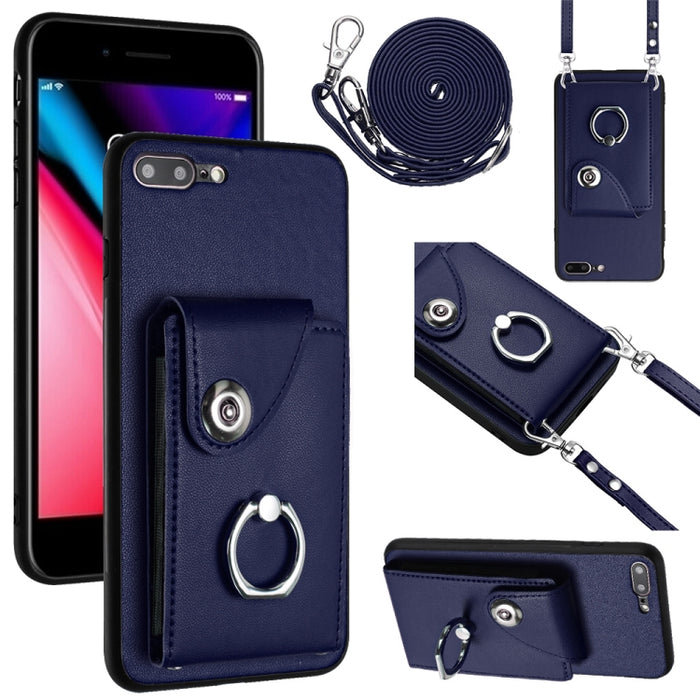 Funda para teléfono con soporte para anillo y bolsa para tarjeta de órgano con cordón largo, For iPhone 8 Plus / 7 Plus