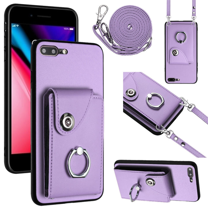Funda para teléfono con soporte para anillo y bolsa para tarjeta de órgano con cordón largo, For iPhone 8 Plus / 7 Plus