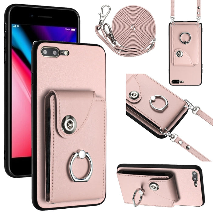Funda para teléfono con soporte para anillo y bolsa para tarjeta de órgano con cordón largo, For iPhone 8 Plus / 7 Plus