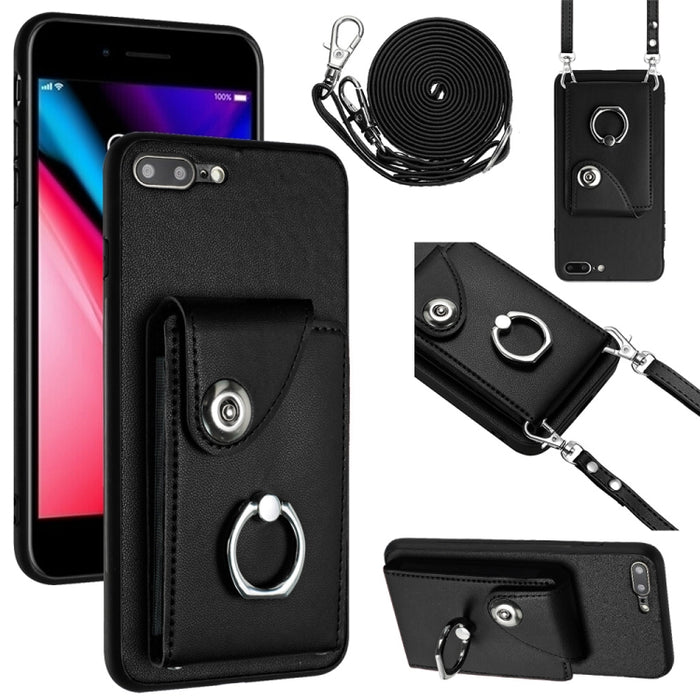Funda para teléfono con soporte para anillo y bolsa para tarjeta de órgano con cordón largo, For iPhone 8 Plus / 7 Plus