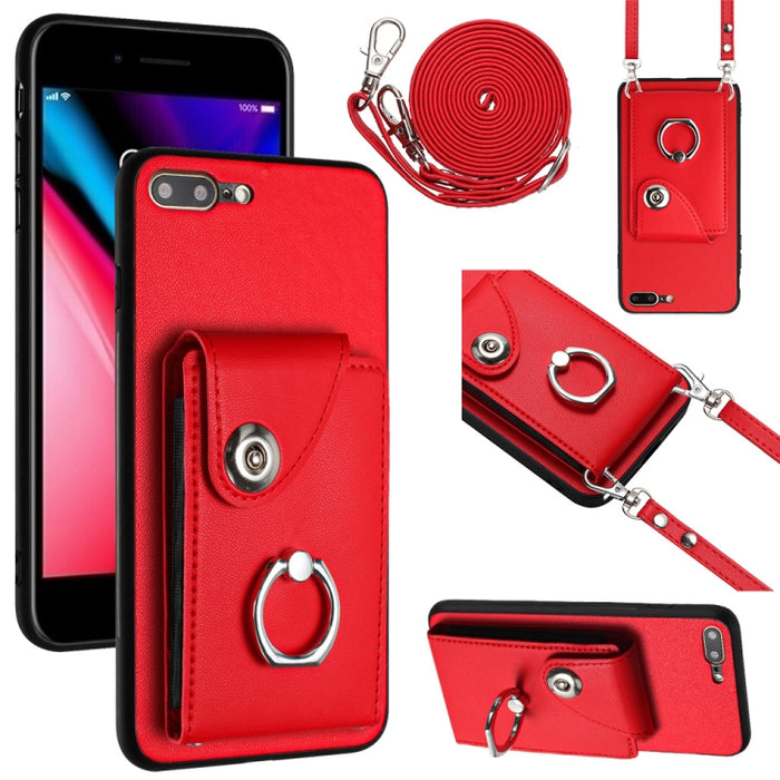 Funda para teléfono con soporte para anillo y bolsa para tarjeta de órgano con cordón largo, For iPhone 8 Plus / 7 Plus