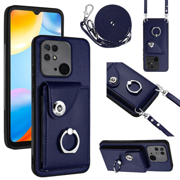 Funda para teléfono con soporte para anillo y bolsa para tarjeta de órgano con cordón largo, For Xiaomi Redmi 12C / 11A, For Xiaomi Redmi 10C