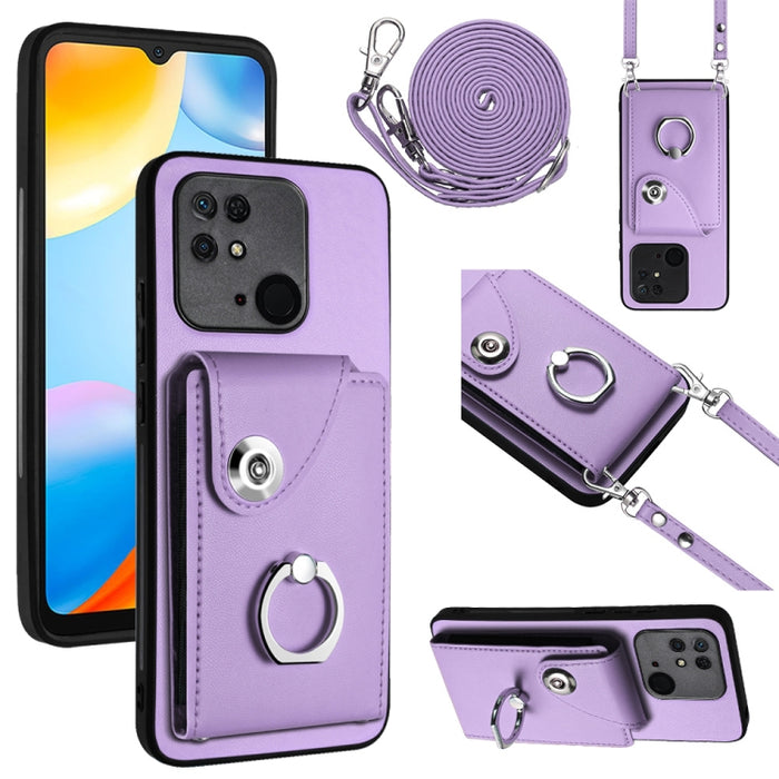 Funda para teléfono con soporte para anillo y bolsa para tarjeta de órgano con cordón largo, For Xiaomi Redmi 12C / 11A, For Xiaomi Redmi 10C