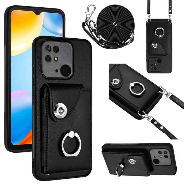 Funda para teléfono con soporte para anillo y bolsa para tarjeta de órgano con cordón largo, For Xiaomi Redmi 12C / 11A, For Xiaomi Redmi 10C