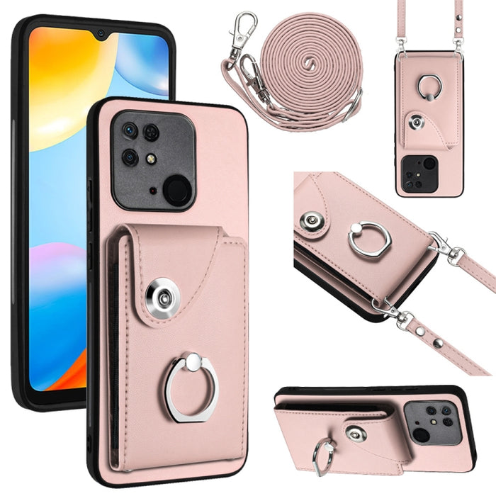 Funda para teléfono con soporte para anillo y bolsa para tarjeta de órgano con cordón largo, For Xiaomi Redmi 12C / 11A, For Xiaomi Redmi 10C