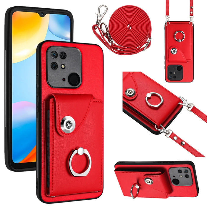 Funda para teléfono con soporte para anillo y bolsa para tarjeta de órgano con cordón largo, For Xiaomi Redmi 12C / 11A, For Xiaomi Redmi 10C