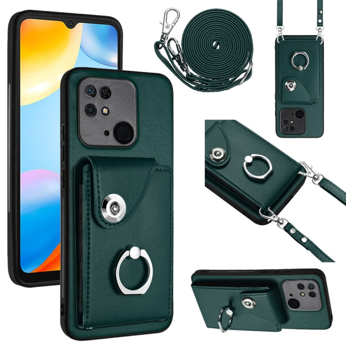 Funda para teléfono con soporte para anillo y bolsa para tarjeta de órgano con cordón largo, For Xiaomi Redmi 12C / 11A, For Xiaomi Redmi 10C