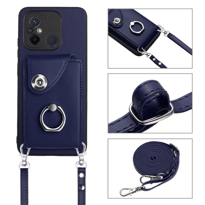 Funda para teléfono con soporte para anillo y bolsa para tarjeta de órgano con cordón largo, For Xiaomi Redmi 12C / 11A, For Xiaomi Redmi 10C