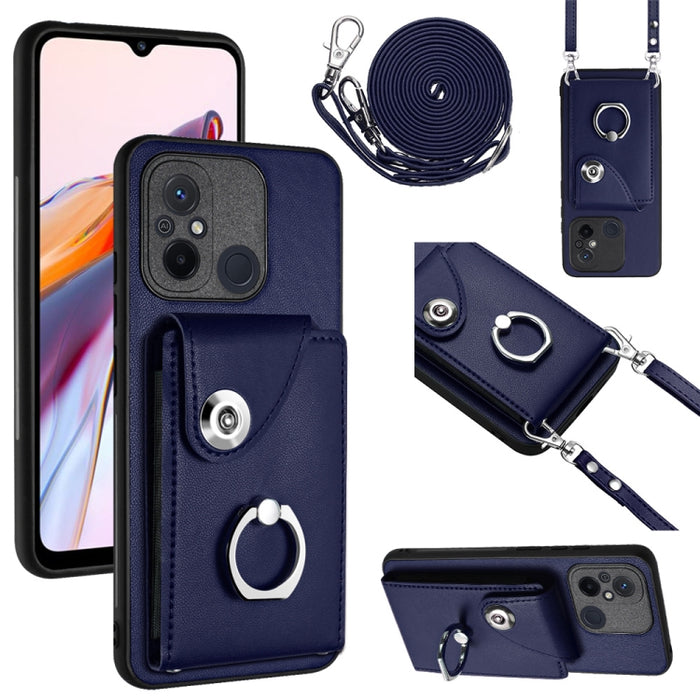 Funda para teléfono con soporte para anillo y bolsa para tarjeta de órgano con cordón largo, For Xiaomi Redmi 12C / 11A, For Xiaomi Redmi 10C