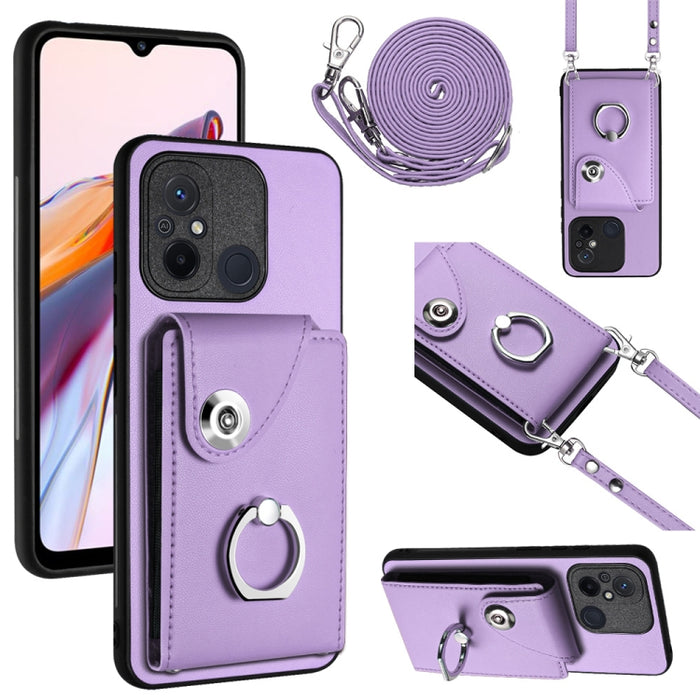 Funda para teléfono con soporte para anillo y bolsa para tarjeta de órgano con cordón largo, For Xiaomi Redmi 12C / 11A, For Xiaomi Redmi 10C