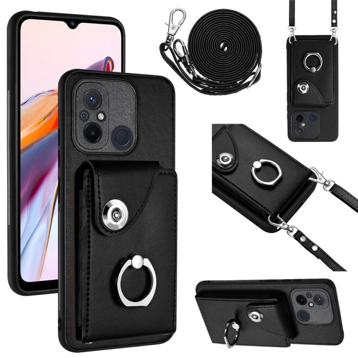Funda para teléfono con soporte para anillo y bolsa para tarjeta de órgano con cordón largo, For Xiaomi Redmi 12C / 11A, For Xiaomi Redmi 10C