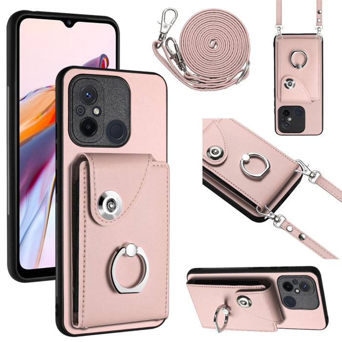 Funda para teléfono con soporte para anillo y bolsa para tarjeta de órgano con cordón largo, For Xiaomi Redmi 12C / 11A, For Xiaomi Redmi 10C