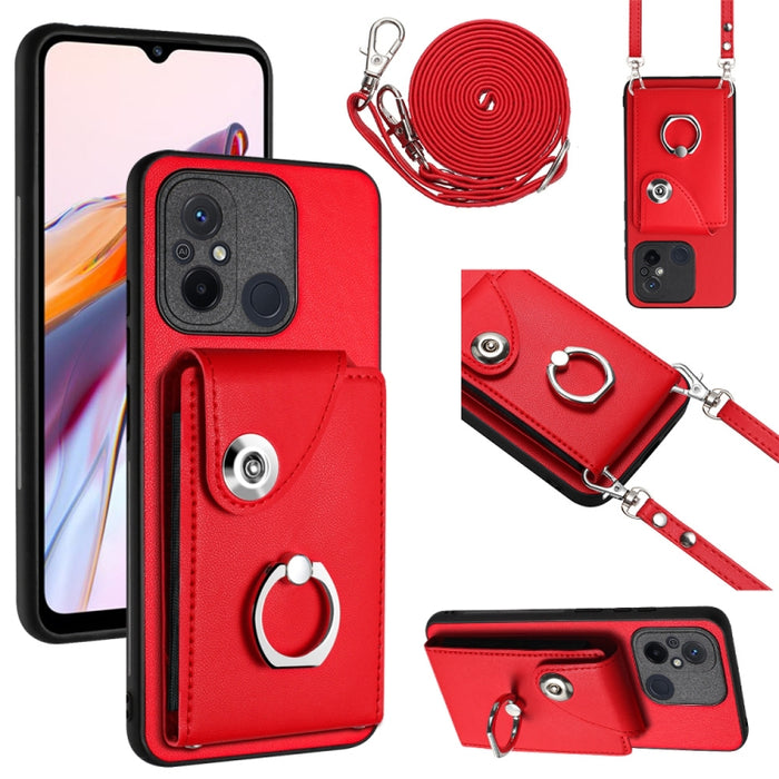 Funda para teléfono con soporte para anillo y bolsa para tarjeta de órgano con cordón largo, For Xiaomi Redmi 12C / 11A, For Xiaomi Redmi 10C