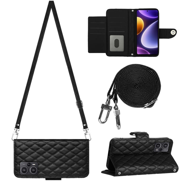 Funda para teléfono de cuero con tapa y textura rómbica con cordón largo, For Xiaomi Redmi 13C 4G, For Xiaomi 13T / 13T Pro, For Xiaomi Poco F5 / Redmi Note 12 Turbo, For Xiaomi Poco F5 Pro / Redmi K60, For Xiaomi Redmi Note 12S 4G Global              ...
