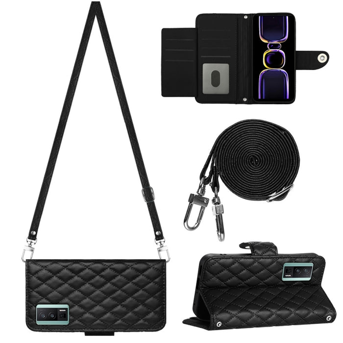 Funda para teléfono de cuero con tapa y textura rómbica con cordón largo, For Xiaomi Redmi 13C 4G, For Xiaomi 13T / 13T Pro, For Xiaomi Poco F5 / Redmi Note 12 Turbo, For Xiaomi Poco F5 Pro / Redmi K60, For Xiaomi Redmi Note 12S 4G Global              ...
