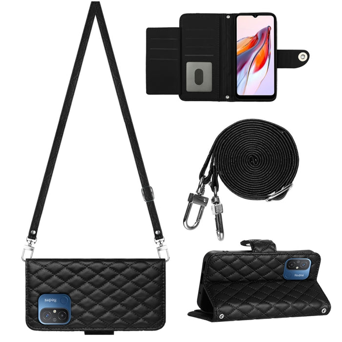 Funda para teléfono de cuero con tapa y textura rómbica con cordón largo, For Xiaomi Redmi 13C 4G, For Xiaomi 13T / 13T Pro, For Xiaomi Poco F5 / Redmi Note 12 Turbo, For Xiaomi Poco F5 Pro / Redmi K60, For Xiaomi Redmi Note 12S 4G Global              ...