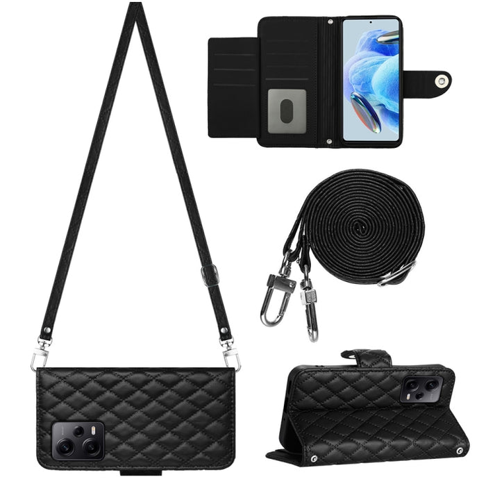 Funda para teléfono de cuero con tapa y textura rómbica con cordón largo, For Xiaomi Redmi 13C 4G, For Xiaomi 13T / 13T Pro, For Xiaomi Poco F5 / Redmi Note 12 Turbo, For Xiaomi Poco F5 Pro / Redmi K60, For Xiaomi Redmi Note 12S 4G Global              ...