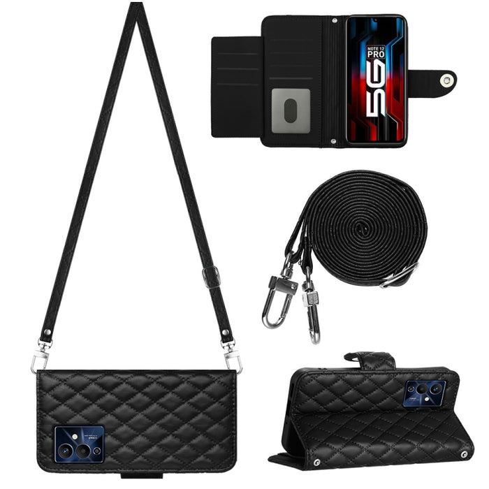 Funda para teléfono de cuero con tapa y textura rómbica con cordón largo, For Xiaomi Redmi 13C 4G, For Xiaomi 13T / 13T Pro, For Xiaomi Poco F5 / Redmi Note 12 Turbo, For Xiaomi Poco F5 Pro / Redmi K60, For Xiaomi Redmi Note 12S 4G Global              ...
