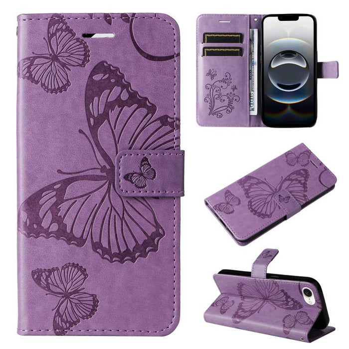 Caja del teléfono del cuero del tirón del patrón en relieve de la mariposa 3D, For iPhone 16 Pro Max, For iPhone 16 Pro, For iPhone 16 Plus, For iPhone 16, iPhone 16e