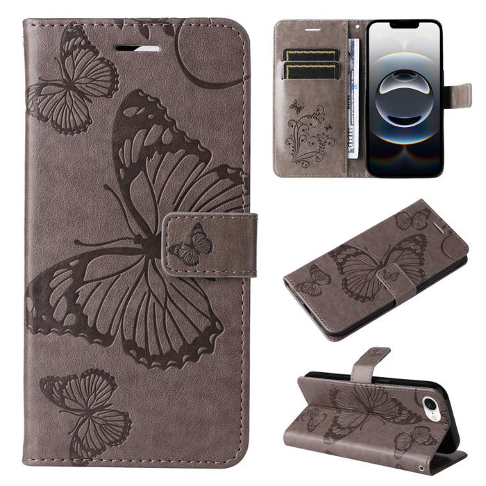 Caja del teléfono del cuero del tirón del patrón en relieve de la mariposa 3D, For iPhone 16 Pro Max, For iPhone 16 Pro, For iPhone 16 Plus, For iPhone 16, iPhone 16e