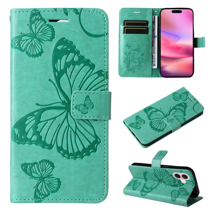 Caja del teléfono del cuero del tirón del patrón en relieve de la mariposa 3D, For iPhone 16 Pro Max, For iPhone 16 Pro, For iPhone 16 Plus, For iPhone 16, iPhone 16e