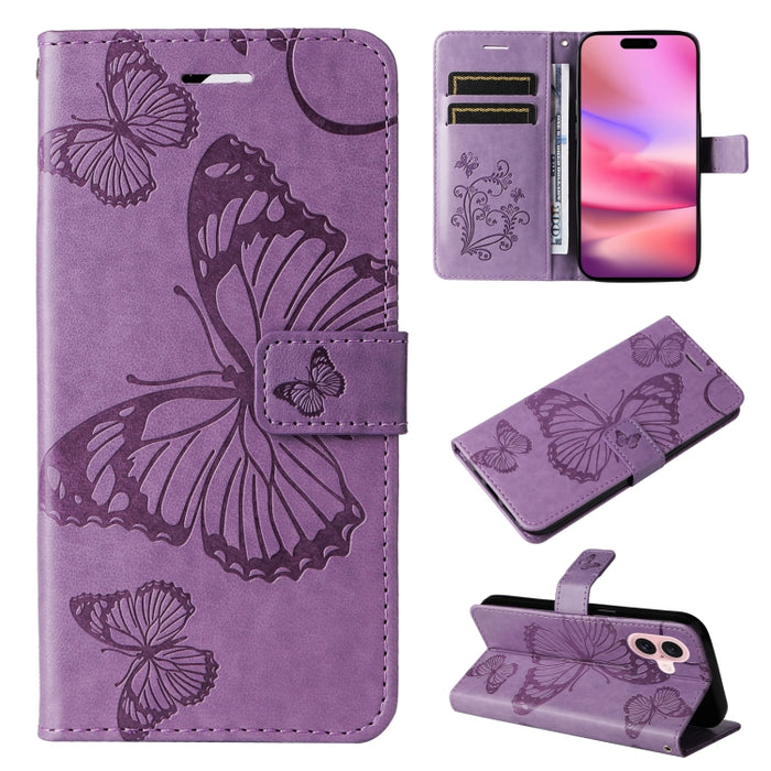Caja del teléfono del cuero del tirón del patrón en relieve de la mariposa 3D, For iPhone 16 Pro Max, For iPhone 16 Pro, For iPhone 16 Plus, For iPhone 16, iPhone 16e