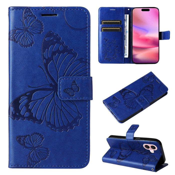 Caja del teléfono del cuero del tirón del patrón en relieve de la mariposa 3D, For iPhone 16 Pro Max, For iPhone 16 Pro, For iPhone 16 Plus, For iPhone 16, iPhone 16e