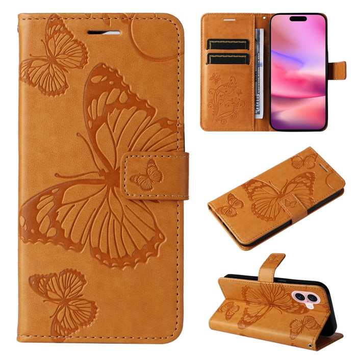 Caja del teléfono del cuero del tirón del patrón en relieve de la mariposa 3D, For iPhone 16 Pro Max, For iPhone 16 Pro, For iPhone 16 Plus, For iPhone 16, iPhone 16e